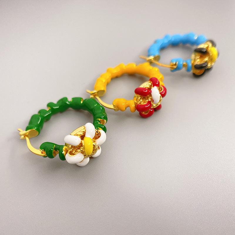 ピアス レディース 女性用 花 フラワー ドロップ 個性的 電気メッキ加工 銅製 イエロー 黄色 グリーン 緑 ブルー 青 ファッション 通勤 OL
