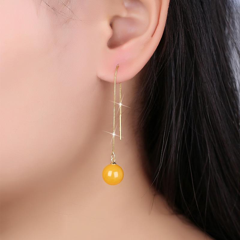 ピアス レディース 琥珀 蜜蝋 ロング S925シルバー イヤリング 酒紅血珀 丸玉 ドロップピアス 18Kゴールドメッキ 波光 水光 揺れる 普..