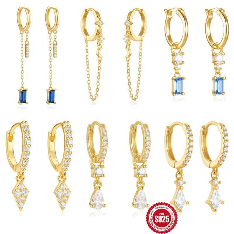 ピアス レディース シルバー925 チェーン タッセル イヤリング 韓国風 小ぶり デザイン ジルコニア 幾何学模様 エレガント 上品 アクセサリー ゴールド(4)