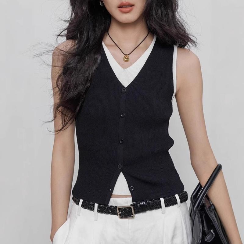 ニット ベスト レディース 薄手 ノースリーブ Vネック 通勤 トップス ポリエステル 無地 ブラック ホワイト(3)