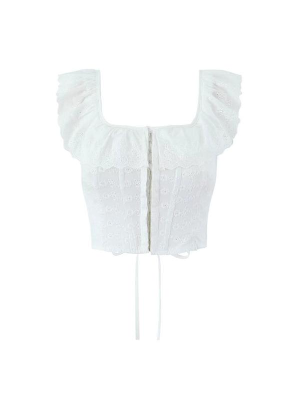 キャミソール レディース レース 刺繍 裾フリル トップス 春夏 ショート丈 スリムフィット スクエアネック ホワイト ブルー 再生繊維 街頭潮人2