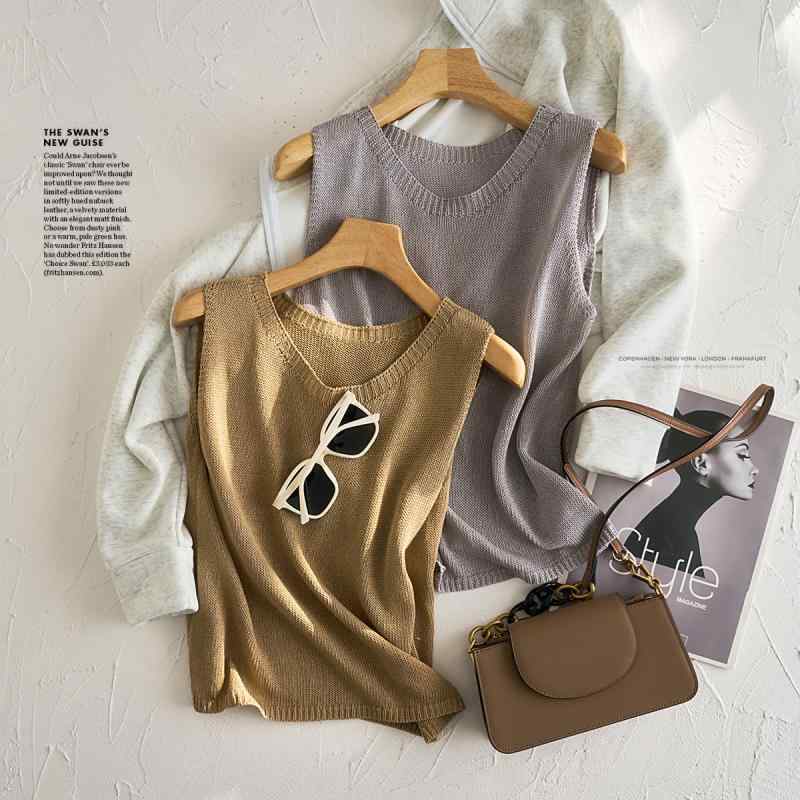 タンクトップ レディース 天竺 麻 リネン混 ニット トップス ノースリーブ 接触冷感 高伸縮 薄手 レモンイエロー ネイビー ベージュ ライトグレー カーキ