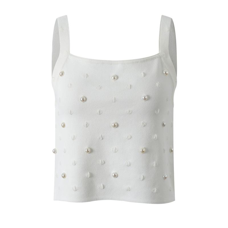 ニットキャミソール レディース 春夏 トップス パール 波点柄 インナー 肩紐 ノースリーブ ショート丈 ..