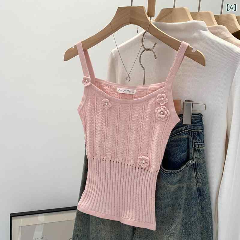 タンクトップ レディース フレンチスタイル ニットキャミソール ノースリーブ 花柄 レース ピンク系 グ..