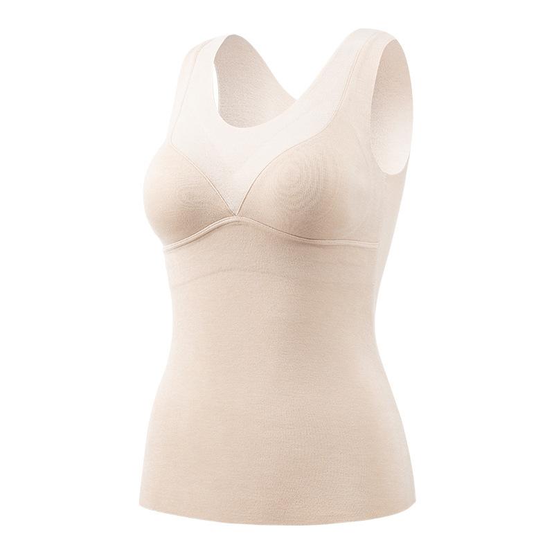 レディース 秋冬 裏起毛 キャミソール 無縫製 磨毛 保温 インナー カップ付き 肌着 ベスト 灰色 粘纖 Vネック2