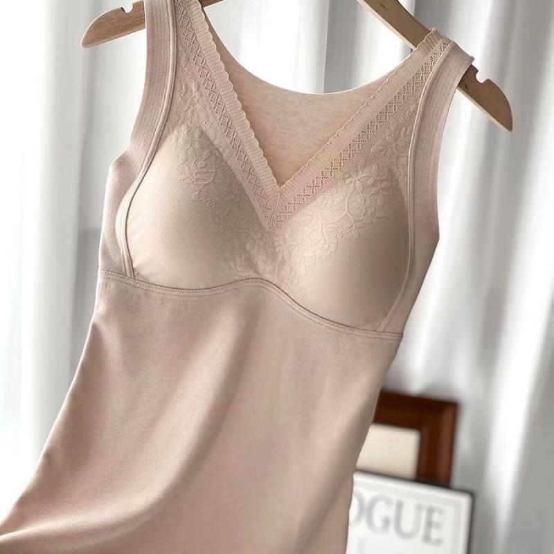 レディース 保温インナー レーヨン混紡 ウールレース Vネック 胸パッド付き 肌に優しい あったか インナーキャミソール 秋冬