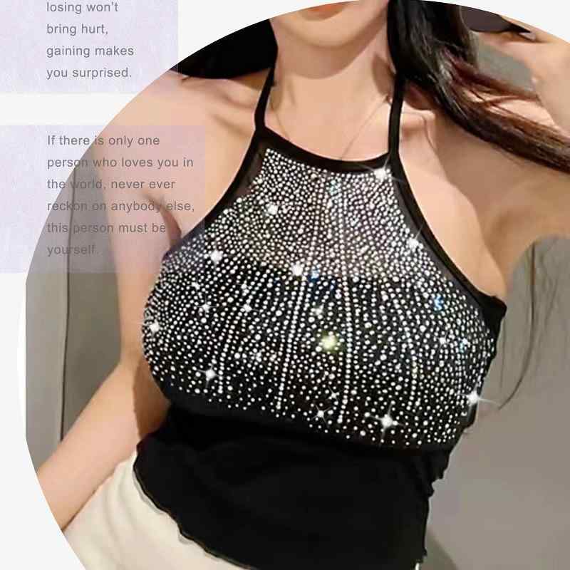 楽天ブリルビキャミソール レディース 春夏 セクシー 網状 チュール ホルターネック キラキラ 快適 ショート丈 トップス 白 黒 紫 青2