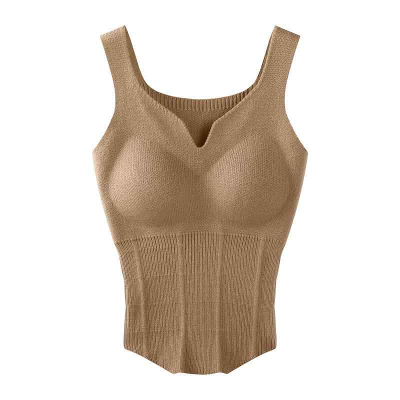 ニットキャミソール レディース 秋冬 あったかインナー カップ付き Vネック トップス 肌着 下着 無地 伸縮性 ストレッチ 部屋着 ルームウェア ブラック ホワイト コーヒー 90-1502