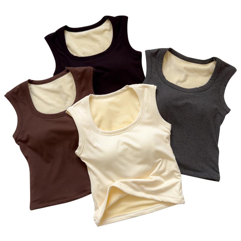 ベスト レディース 秋冬 裏起毛 防寒 暖か ブラトップ カップ付き あったかインナー トップス Uネック コットン混 肌着 下着 重ね着 ストレッチ 伸縮性 無地 シンプル ブラック 黒 グレー ベージュ2
