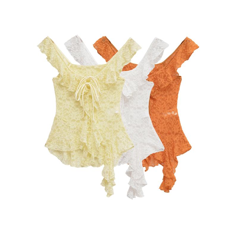 トップス レディース 風 ノースリーブ ギャザー ポリエステル タンクトップ 白 橙色系 黄色系 修身 不規則 裾フリル 飾り紐付き ストリート 個性的