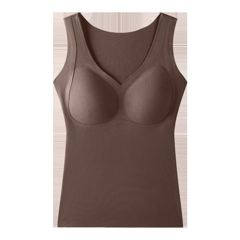 インナー レディース 秋冬 暖か裏起毛 あったかインナー ブラトップ カップ付き Vネック 肌着 トップス カットソー ポリエステル 無地 ブラウン ベージュ ブラック M L XL 2L