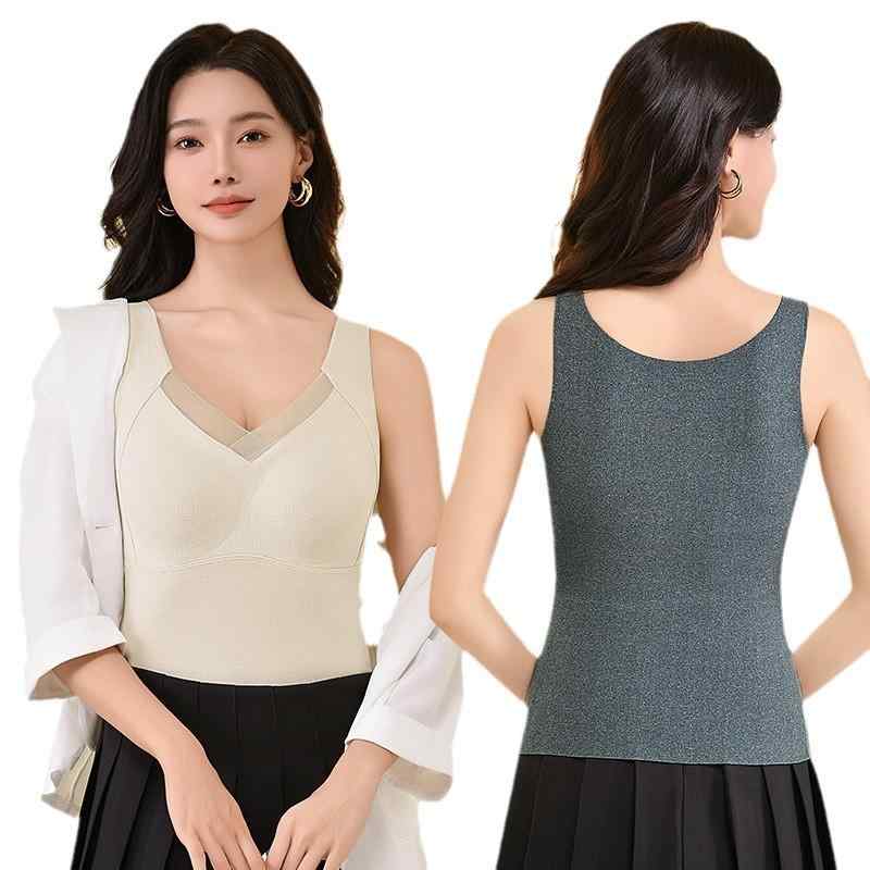 ベスト レディース 秋冬 あったかインナー Vネック ブラトップ カップ付き 暖かい 無地 伸縮性 ストレッチ スリムフィット 着痩せ 防寒 保温 ポリエステル 深灰色 ブラック ベージュ ブラウン