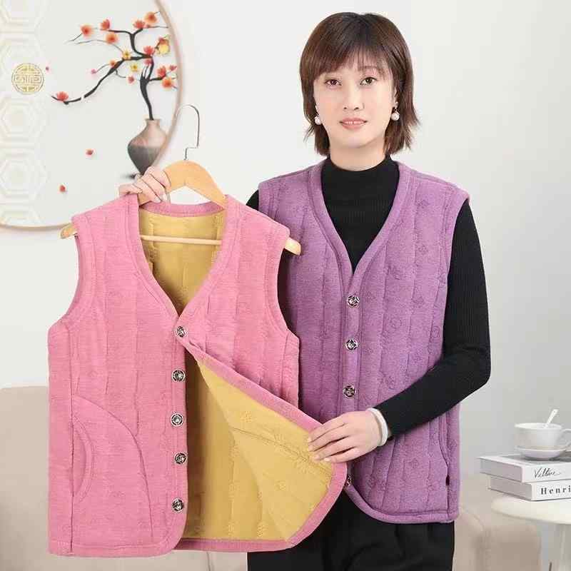 ベスト レディース 女性用 防寒 あったかインナー 肌着 下着 Uネック 綿 ポリエステル 混紡 厚手 保温性 伸縮性 パープル ピンク系2