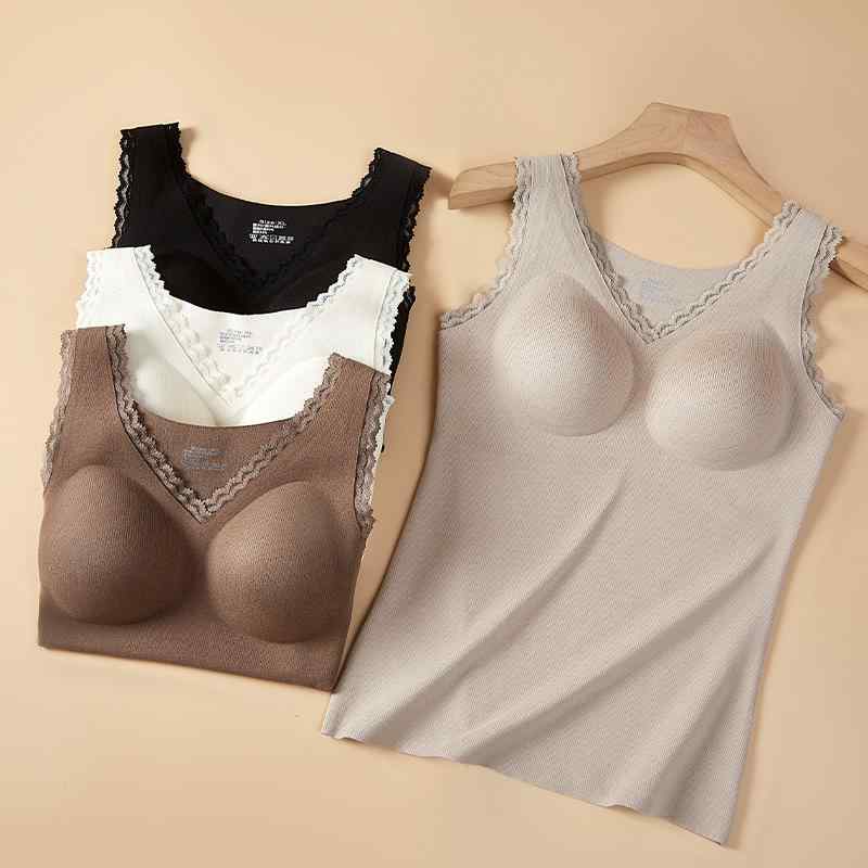 ベスト レディース 秋冬 防寒 裏起毛 あったかインナー カップ付き Vネック 下着 肌着 部屋着 婦人 女性 伸縮性 無地 シンプル 浅グレー