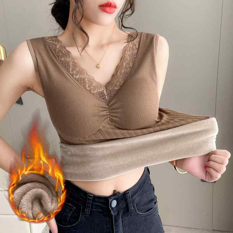 ベスト レディース Vネック レース カップ付き インナー ストレッチ あったか 静電気防止 防寒 肌着 部屋着