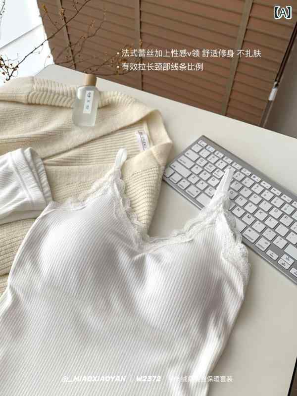 ニット レディース 秋冬 あったかインナー Vネック レース 起毛 胸パッド付き 保温 背中 暖め 腹巻 ポリエステル2