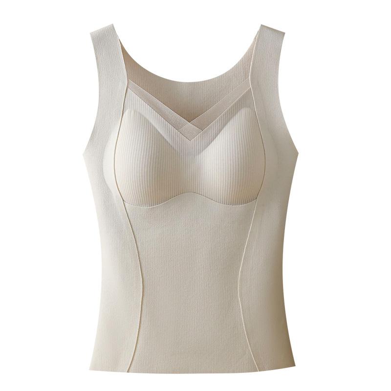 ベスト レディース 秋冬 あったか 保温 インナー Vネック カップ付き 肌着 下着 吊り型 接触温感 ポリエステル 再生繊維 シルク 無地 M L XL XXL ブラック ベージュ系 ホワイト系