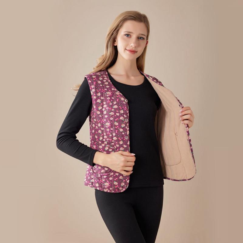 ベスト レディース 暖かインナー 羊毛 チョッキ あったか 起毛 Vネック ミセス シニア 婦人服 花柄 パープル系 レッド系 ブラック 厚手 防寒 秋冬