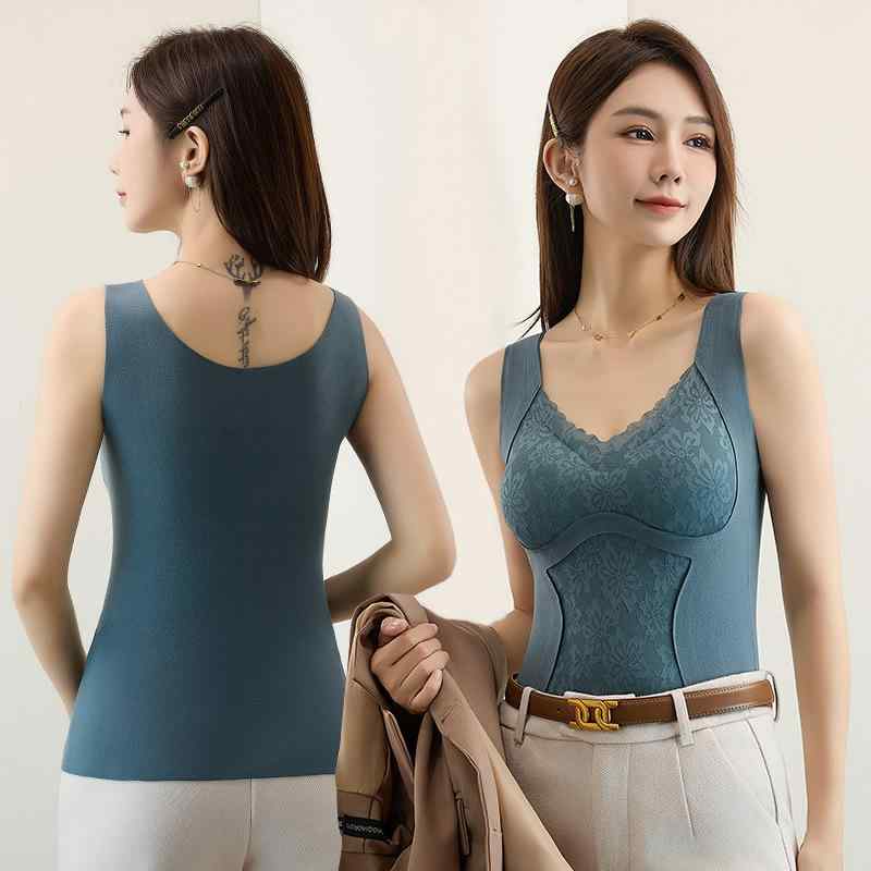 インナー レディース 秋冬 暖かい 接触冷感 裏起毛 レース Vネック カップ付き ブラトップ キャミソール 肌着 下着