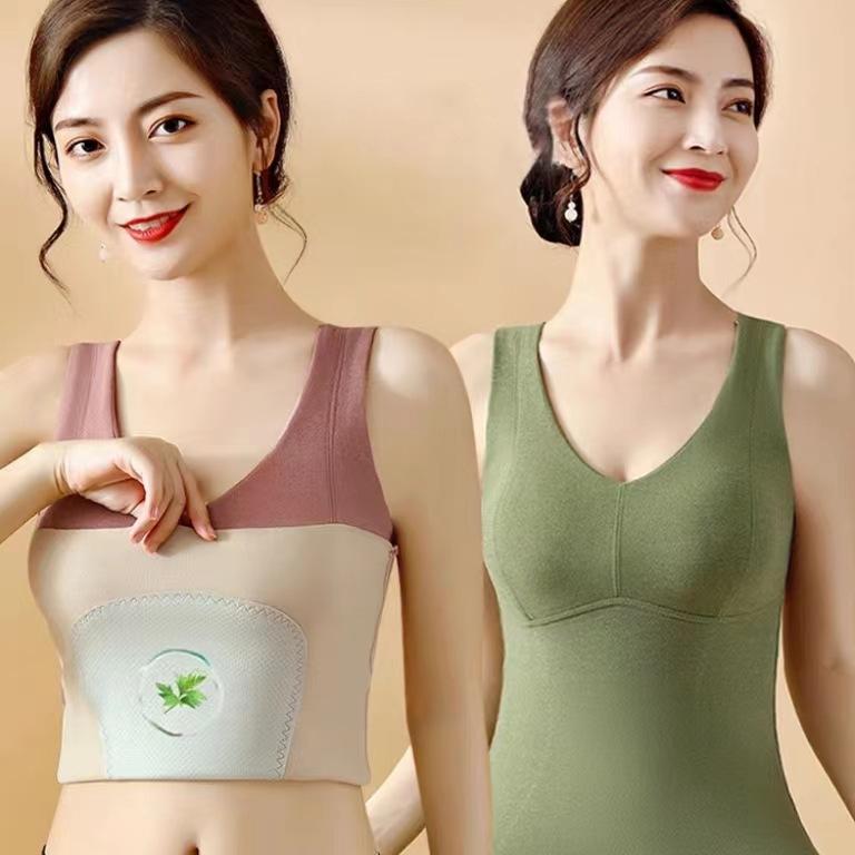 インナー レディース 秋冬 裏起毛 あったか 保温 背心 ブラトップ 一体型 Uネック 肌着 ストレッチ カシミヤタッチ 無地 部屋着 普段使い ベージュ ブラック グリーン グレー