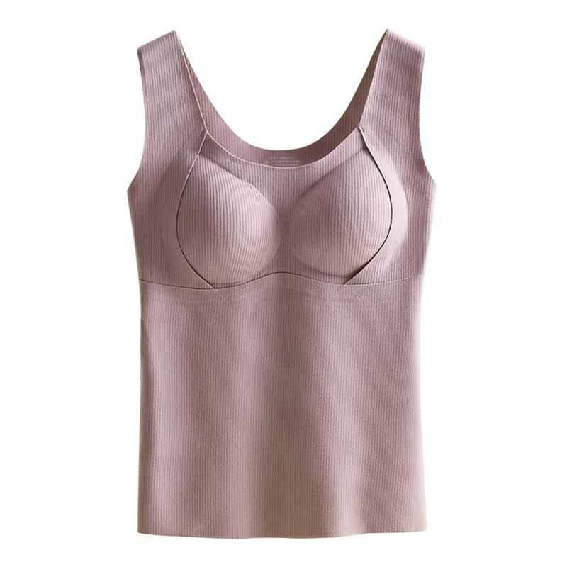 ベスト レディース 秋冬 暖かい カシミヤ 絹 シルク混 シームレス 一体型 カップ付き ブラトップ インナー 重ね着 肌着 ポリエステル 無地 コーヒー カーキ 紫 黒2
