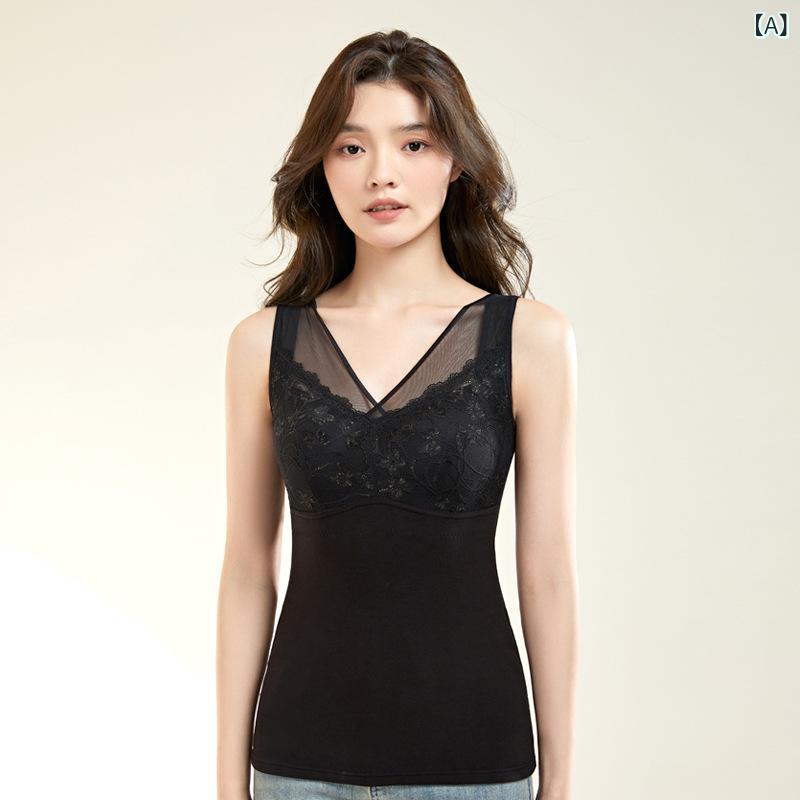 肌着 レディース 保温インナー レース ノースリーブ Vネック カップ付き ボディスーツ 補正下着 暖かい..