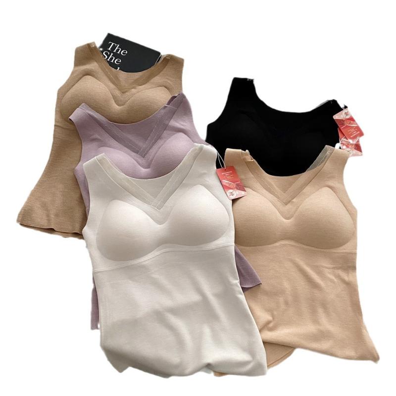 タンクトップ レディース Vネック カップ付き あったかインナー 保温 発熱 部屋着 肌着 杏グレー 豪華黒 オレンジピンク 灰紫色 コーヒー色 M L XL 2XL