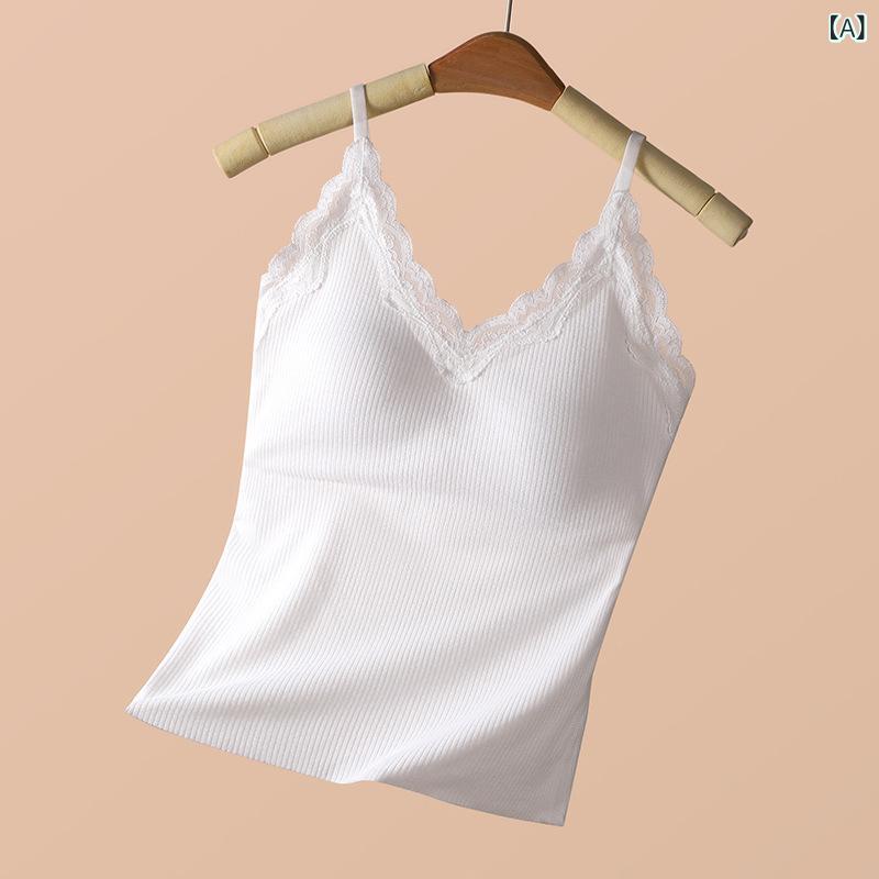 レディース 保温肌着 キャミソール Vネック レース 羊毛 胸パッド付き あったかインナー 静電気防止 腹巻付き 部屋着 防寒 冷え対策 秋冬