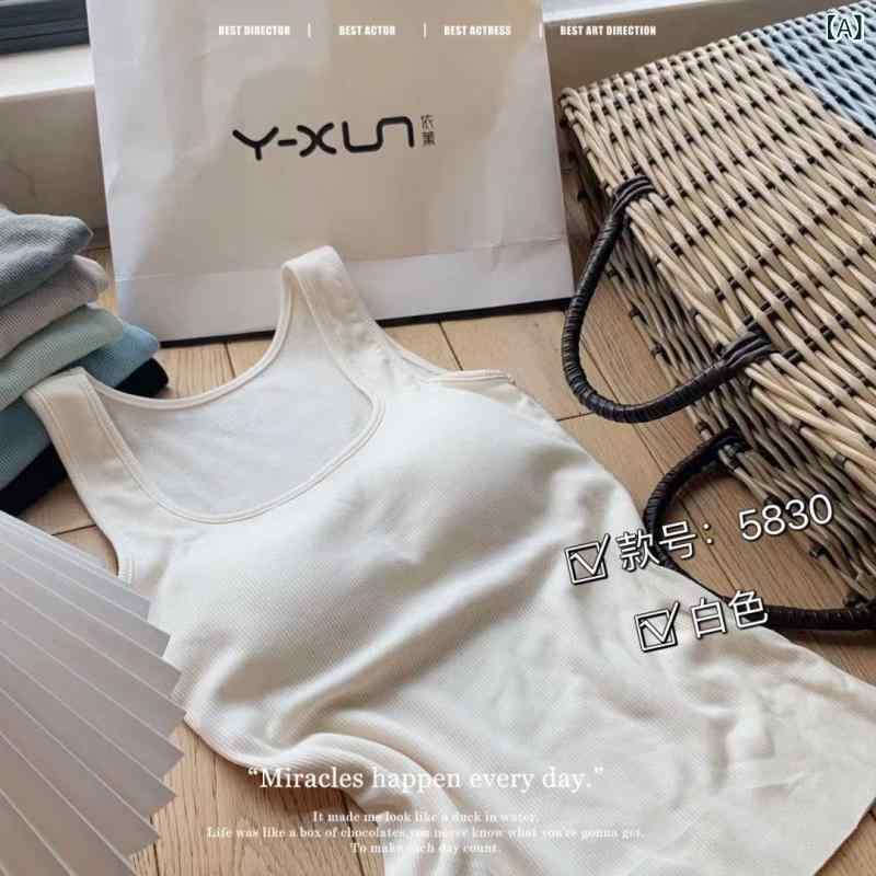 インナー レディース ブラトップ 一体型 秋冬 保温 磨毛 厚手 スリムフィット タンクトップ 再生繊維 方領 無地 黒 麻灰 奶白 灰杏 黛緑