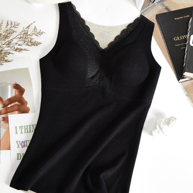 インナー レディース レース 保温 あったか Vネック 背心 肌着 防寒 部屋着 秋冬 粘纤 無地 婦人