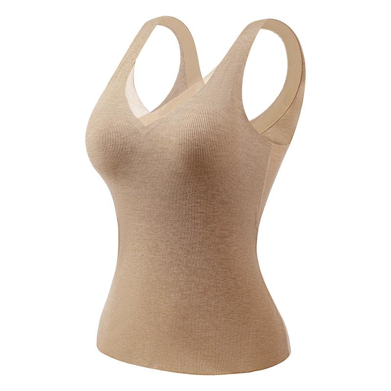 インナー レディース 秋冬 保温 あったか Vネック カップ付き ブラトップ 暖か 高弾性 薄手 スリムフィット 柔らかい 肌着 トップス ポリエステル 重ね着