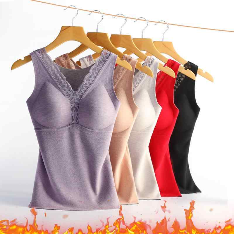 肌着 レディース Vネック 発熱 徳绒(ベロア) カップ付き 保温インナー 無縫製 補正下着 タンクトップ 防寒 あったかインナー 婦人肌着 アクリル 無地 グレープ ココナッツホワイト レッド ベージュ ブラック M L XL XXL