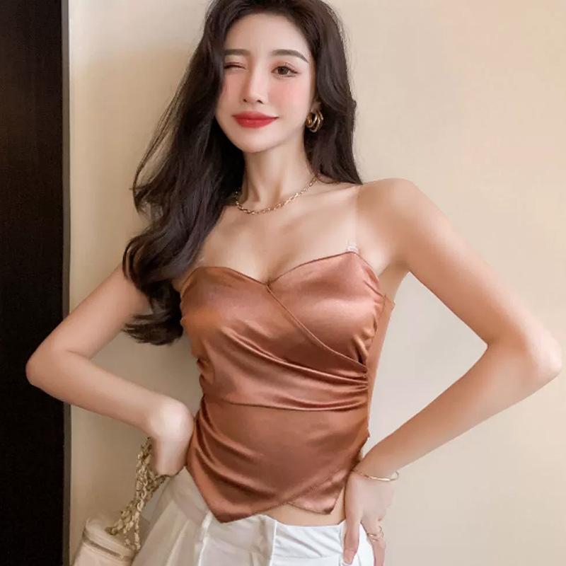 キャミソール レディース ビスチェ 風 サテン ギャザー チューブトップ インナー トップス 肌着 おしゃ..