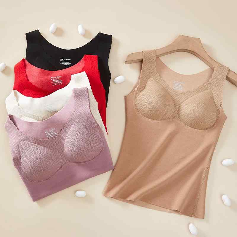ベスト レディース 秋冬 あったかインナー カップ付き 保温インナー 発熱 粘纤 無地 Uネック レイヤード 重ね着 あったか 部屋着 普段使い 腰果杏 白 赤 黒 紫2