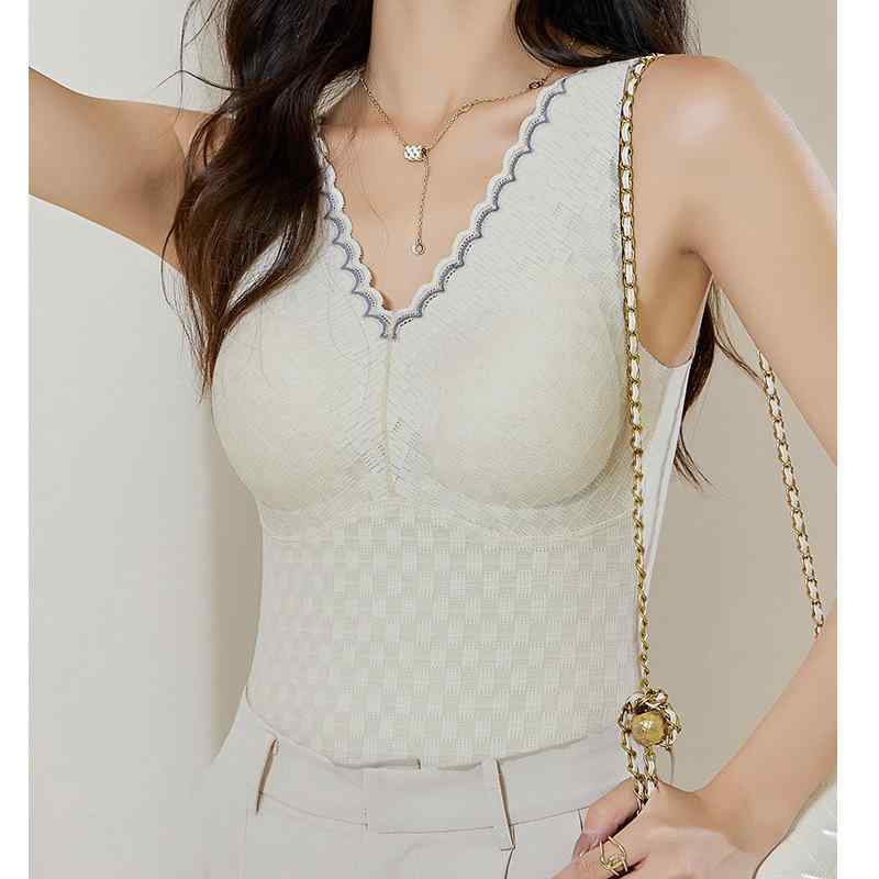 ベスト レディース 秋冬 Vネック 裏起毛 防寒 あったかインナー レース キャミソール トップス 肌着 婦人服 暖かい 無地 ブラック ベージュ ホワイト コーヒー