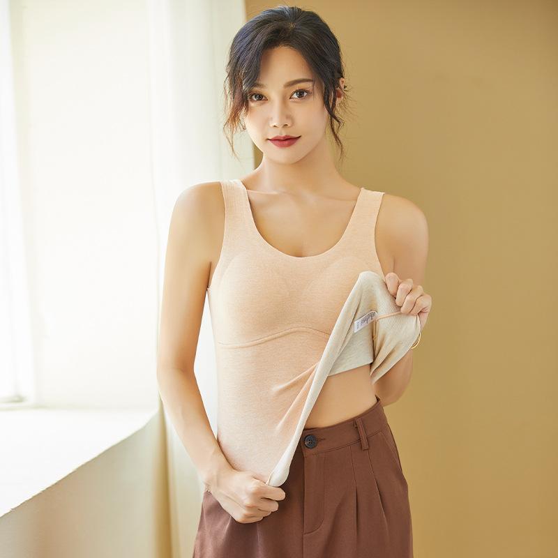 ベスト レディース 暖かインナー 羊毛 混 カップ付き Uネック 肌色 黒 防寒 あったか 冷え対策 秋冬