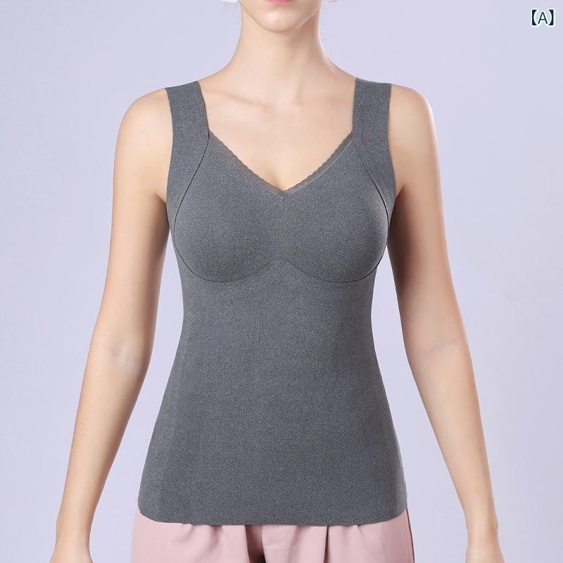 背心 レディース 美 बॉडी あったかインナー 裏起毛 カップ付き 保温 Vネック トップス 部屋着 普段使い グレー 黒 コーヒー 灰紫 肌色