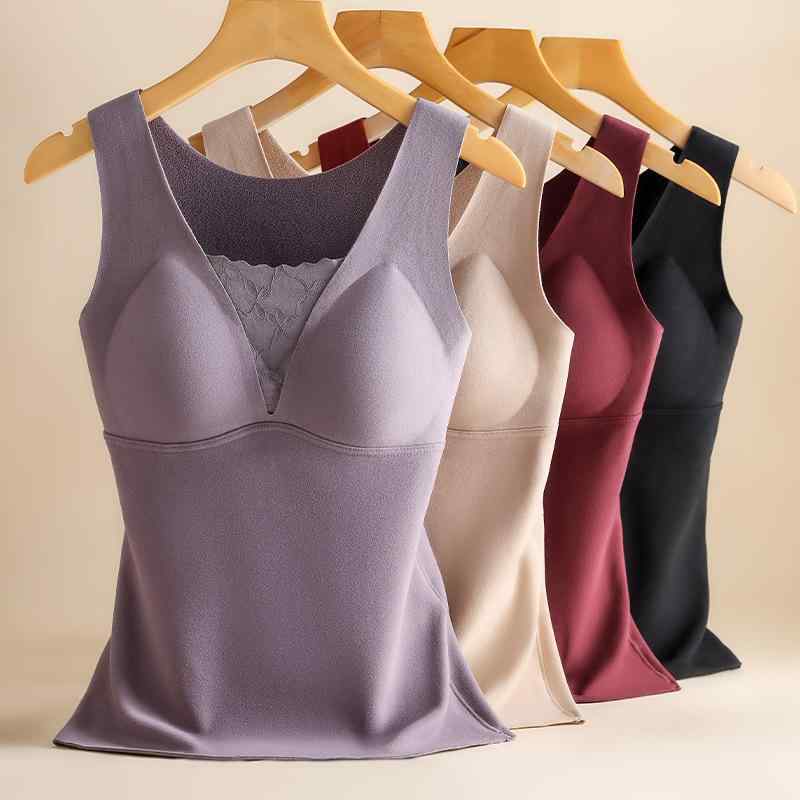 ベスト レディース 秋冬 レース 裏起毛 暖かい インナー カップ付き 防寒 肌着2