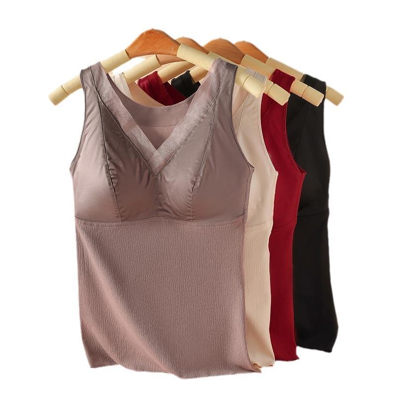 タンクトップ レディース 暖かい 裏起毛 カップ付き インナー レース Vネック 保温 ノースリーブ ブラトップ 無地 肌着 ストレッチ 部屋着 普段使い 外出 接触冷感 秋冬