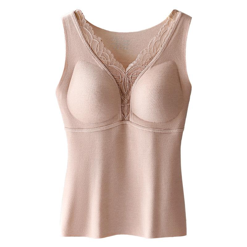 インナー レディース レース Vネック 裏起毛 あったか 保温 肌着 防寒 無縫製 ブラキャミソール カップ付き