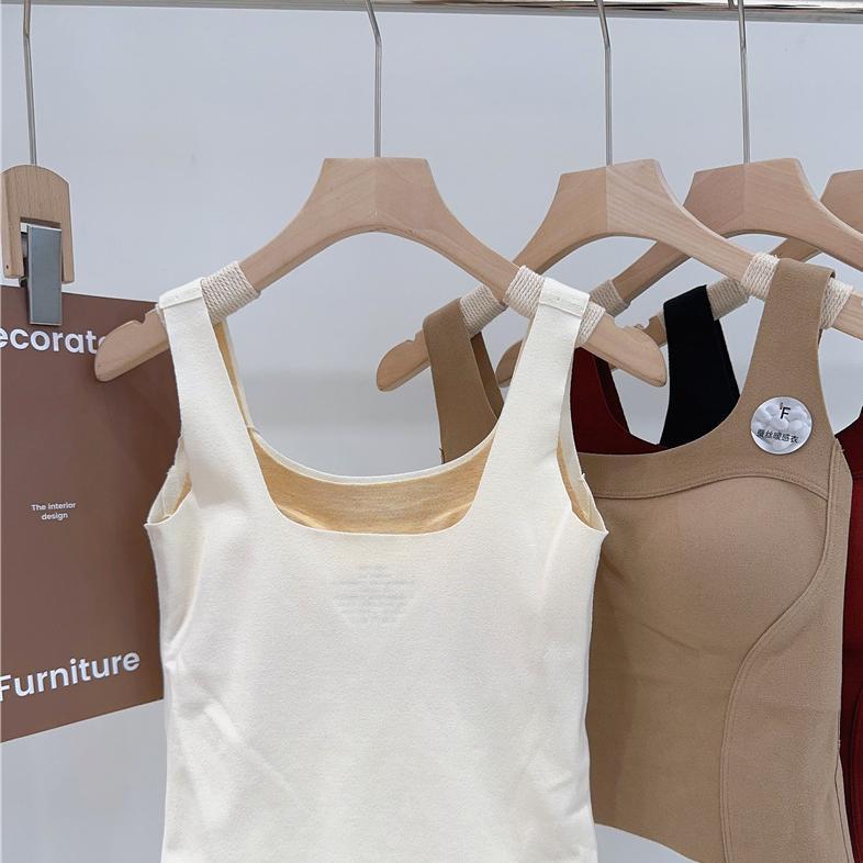 ベスト レディース 秋冬 暖感インナー カップ付き ポリエステル ウール 混紡 防寒 あったか 肌着 トップス 無地 重ね着