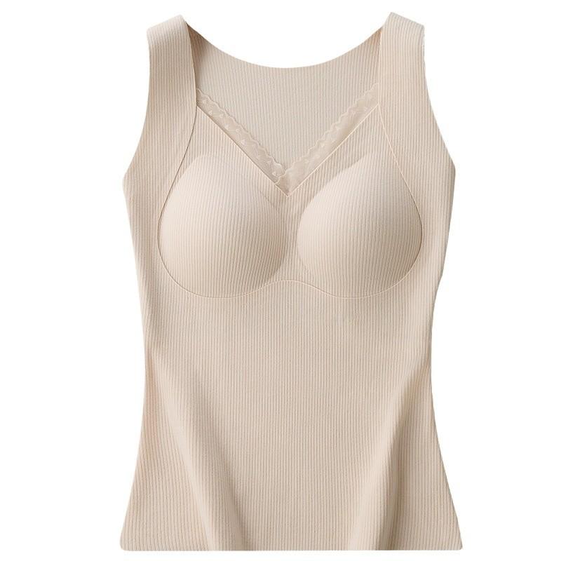インナー レディース 保温背心 カップ付き Vネック ポリエステル あったかインナー 静電気防止 裏起毛 厚手 秋冬 ベージュ系 ブラック