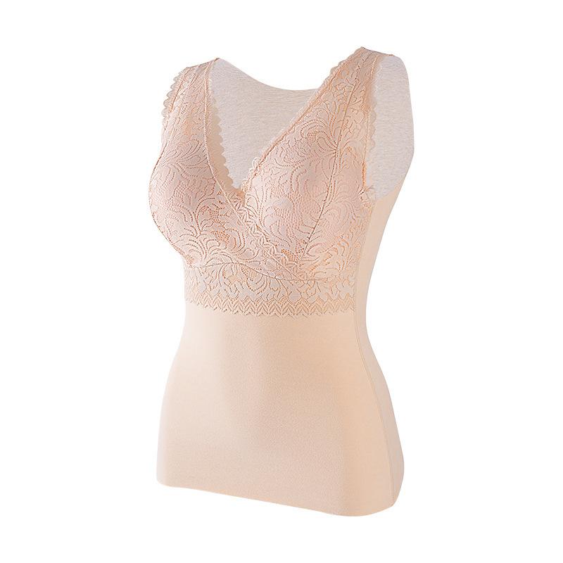 ベスト レディース 大きいサイズ Vネック レース 裏起毛 あったかインナー ブラトップ 一体型 肌着 トップス 秋冬 保温 静電気防止 ピンク ブラック ベージュ2