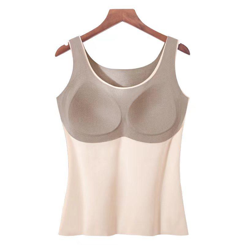 インナー レディース 秋冬 ウール 混紡 保温 背心 快適 裏起毛 胸パッド付き あったか 厚手 スリムフィット 婦人服 女性 肌着 トップス Uネック 無地 ブラック ピンク ベージュ カーキ グリーン2