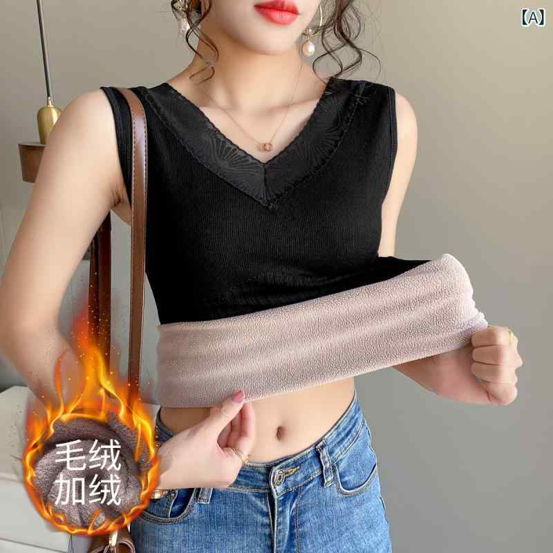 タンクトップ レディース Vネック 裏起毛 あったかインナー キャミソール カップ付き ポリエステル 無地 ブラック グリーン レッド コーヒー 杏色