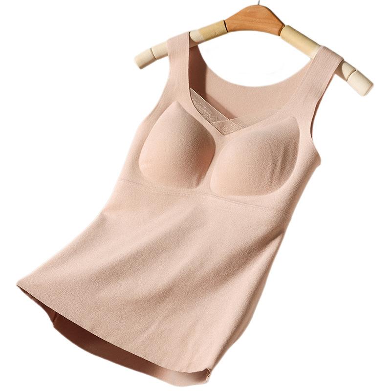 レディースインナー あったかインナー 裏起毛 防寒 肌着 キャミソール カップ付き ポリエステル Uネック 無地 ベージュ コーヒー ブラック カーキ M L XL 2XL 3XL