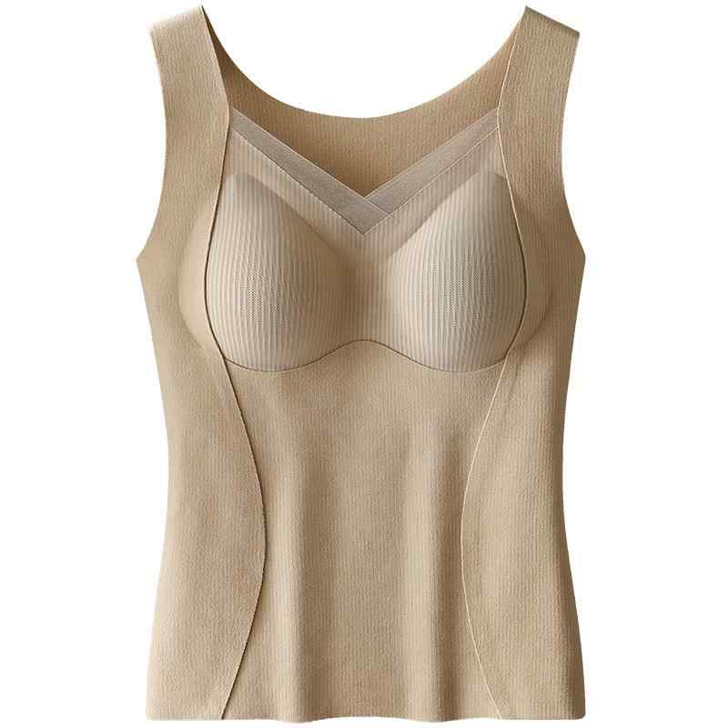 タンクトップ レディース 秋冬 保温 Vネック 接触冷感 ポリエステル 無地 厚手 カップ付き インナー レイヤード 部屋着 普段使い 通勤用 M L XL 2XL ブラック ホワイト ベージュ