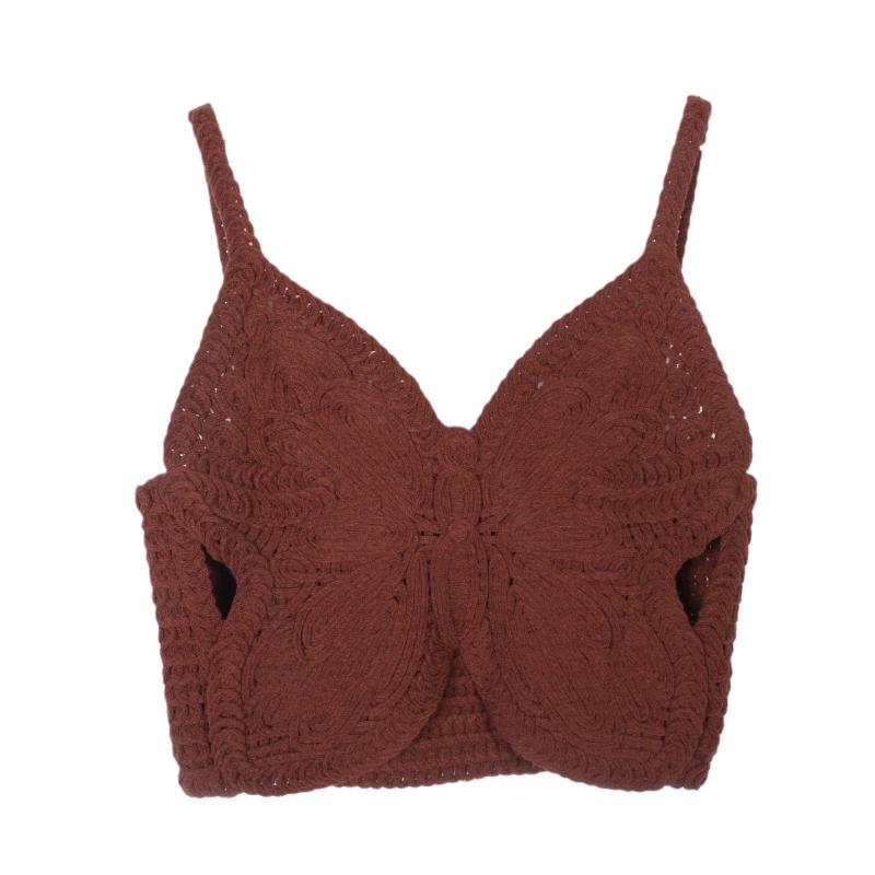 ニットキャミソール レディース 薄手 ショート丈 刺繡 蝶 かわいい セクシー 辣妹 夏ニット タンクトッ..