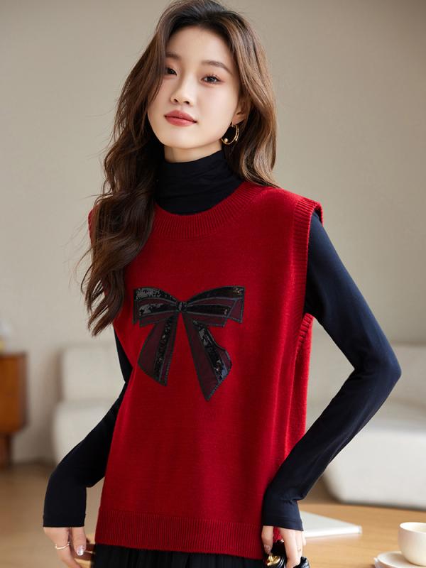 ニット レディース 秋冬 重ね着風 丸首 セーター 蝶結び ニットベスト チョッキ 赤 ゆったり 普段使い デート