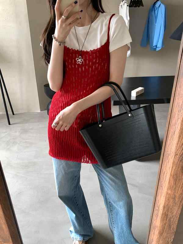 タンクトップ レディース ニットキャミソール 韓国 Aライン チュニック丈 ポリエステル 接触冷感 普段..